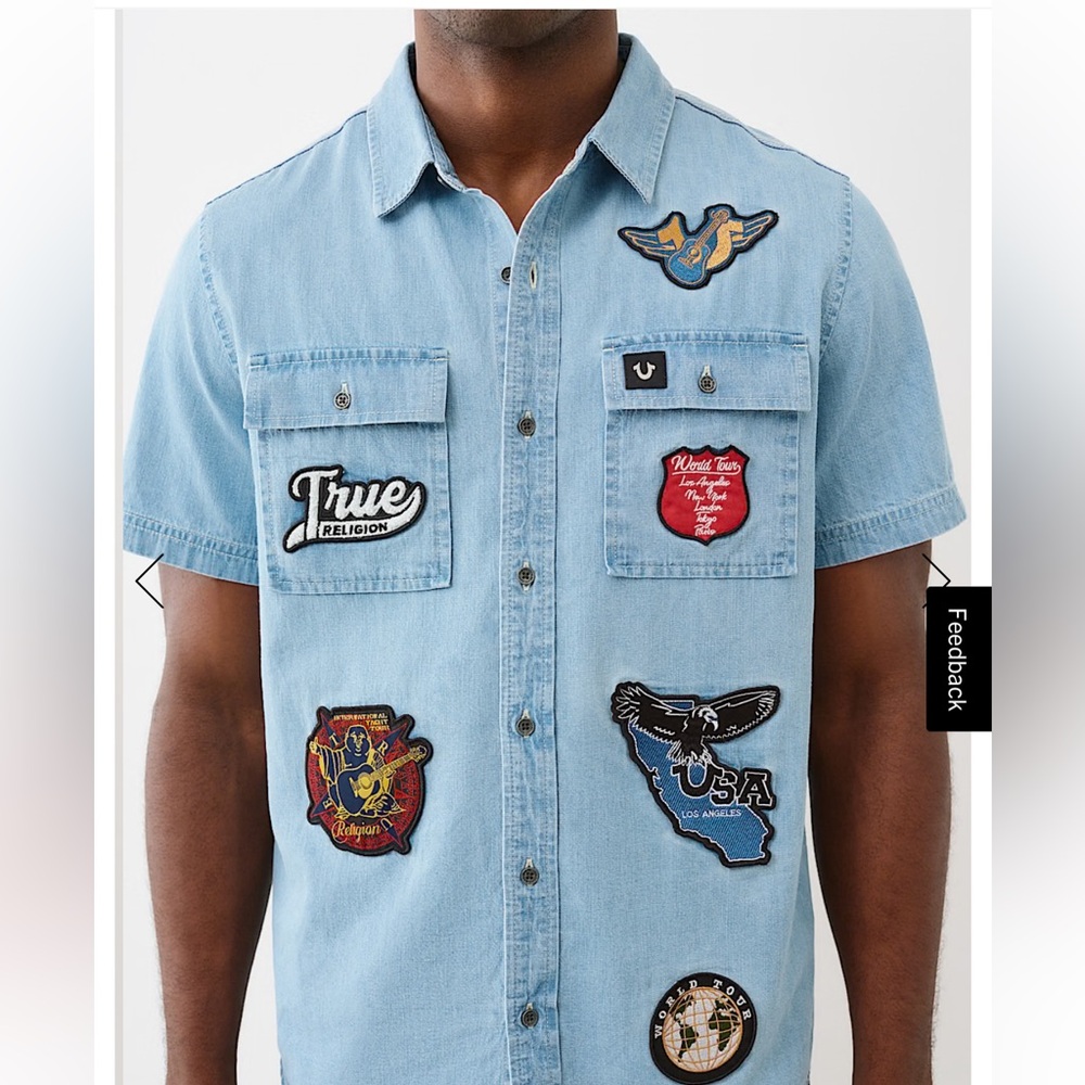 True Religion Blue Denim Shirt with Bold Patches